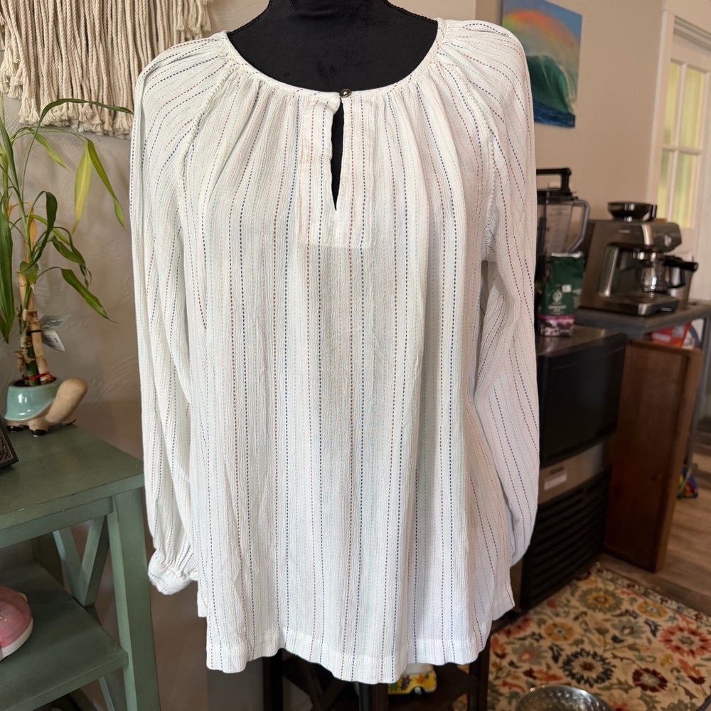 a.n.a White Long-Sleeve Peasant Blouse with Subtle Stripes